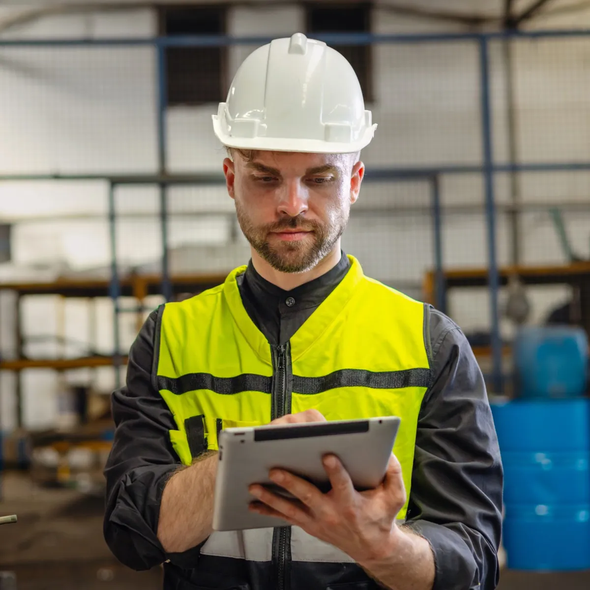 Arbeider med hjelm og refleksvest som bruker Workplace Safety på nettbrett i et lager